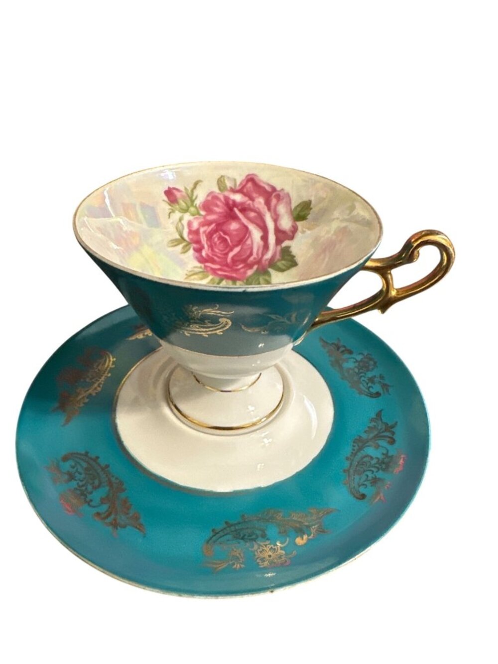 Royal Haulsey Teacup And Saucer Set Teal Gold Floral Bone China
